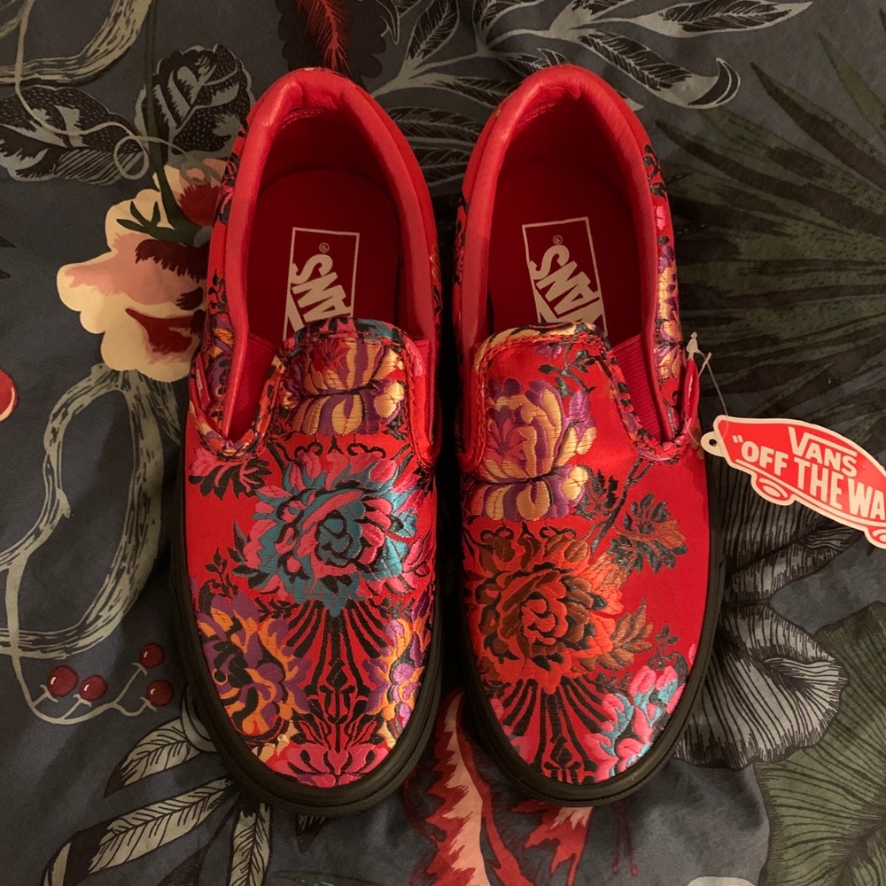 Vans red satin slip ons